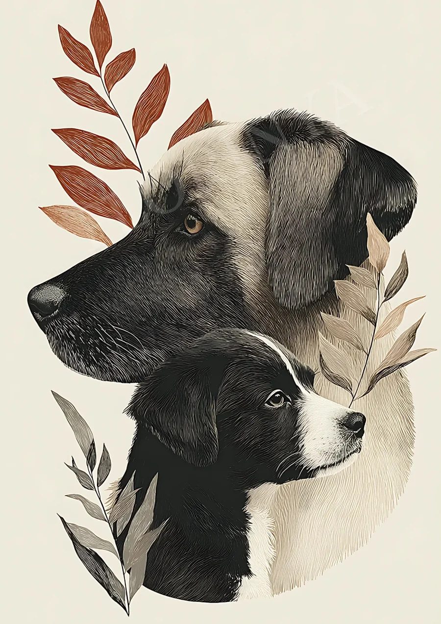 art mural bohème chien et chiot