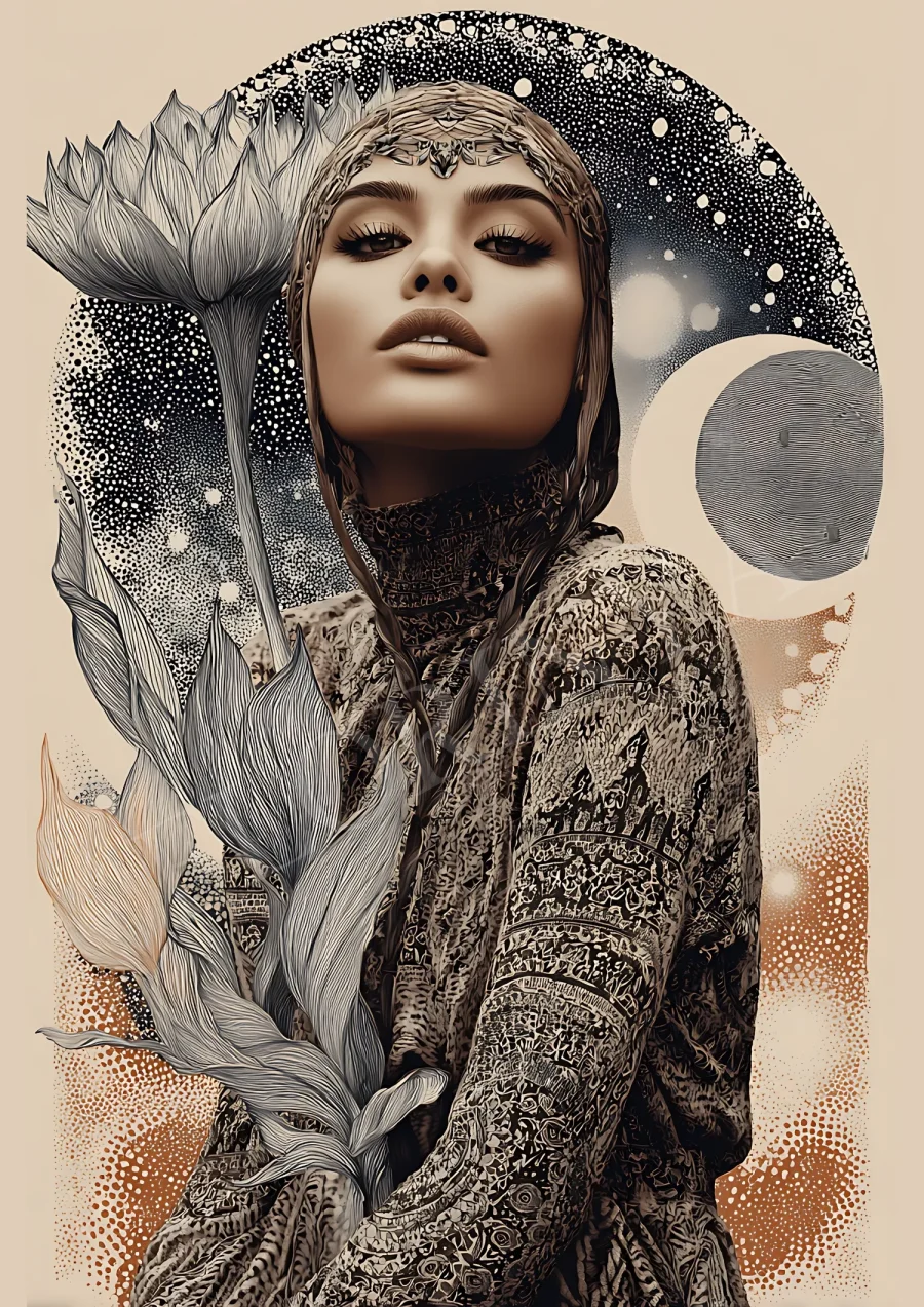Elegant boho woman illustration printable in high-resolution 300 DPI JPG for modern bohemian wall decor