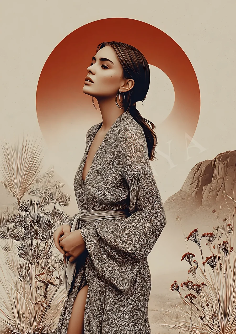 Desert Moon feminine portrait boho wall art printable in warm neutral tones, high-resolution 300 DPI JPG instant download