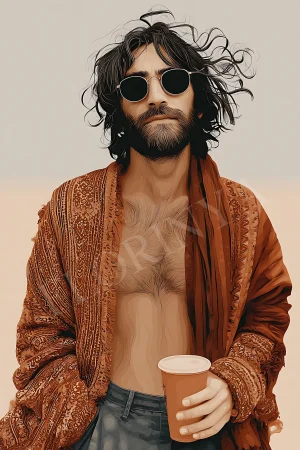 Modern hippie man boho wall art in neutral earthy tones, printable 300 DPI JPG for minimalist living spaces