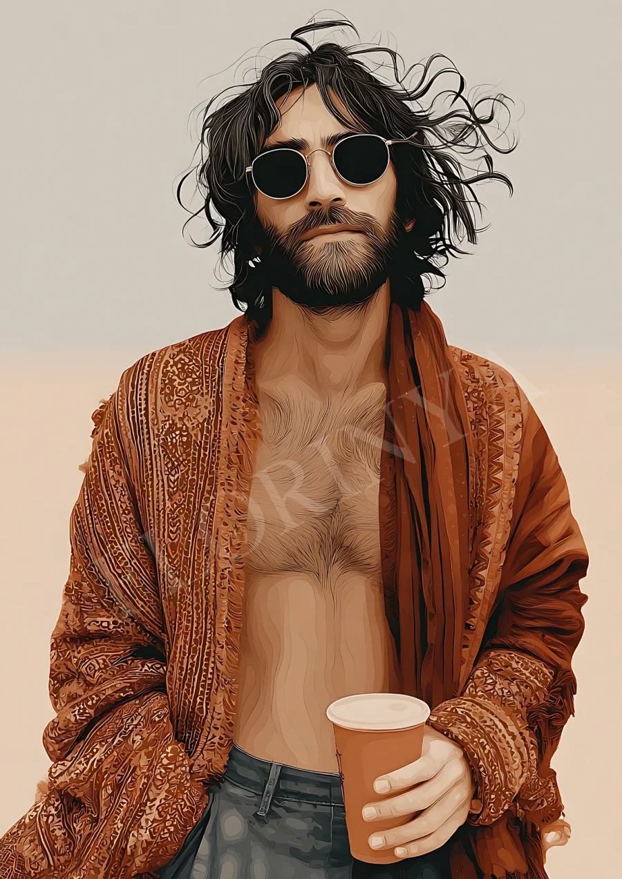 Modern hippie man boho wall art in neutral earthy tones, printable 300 DPI JPG for minimalist living spaces