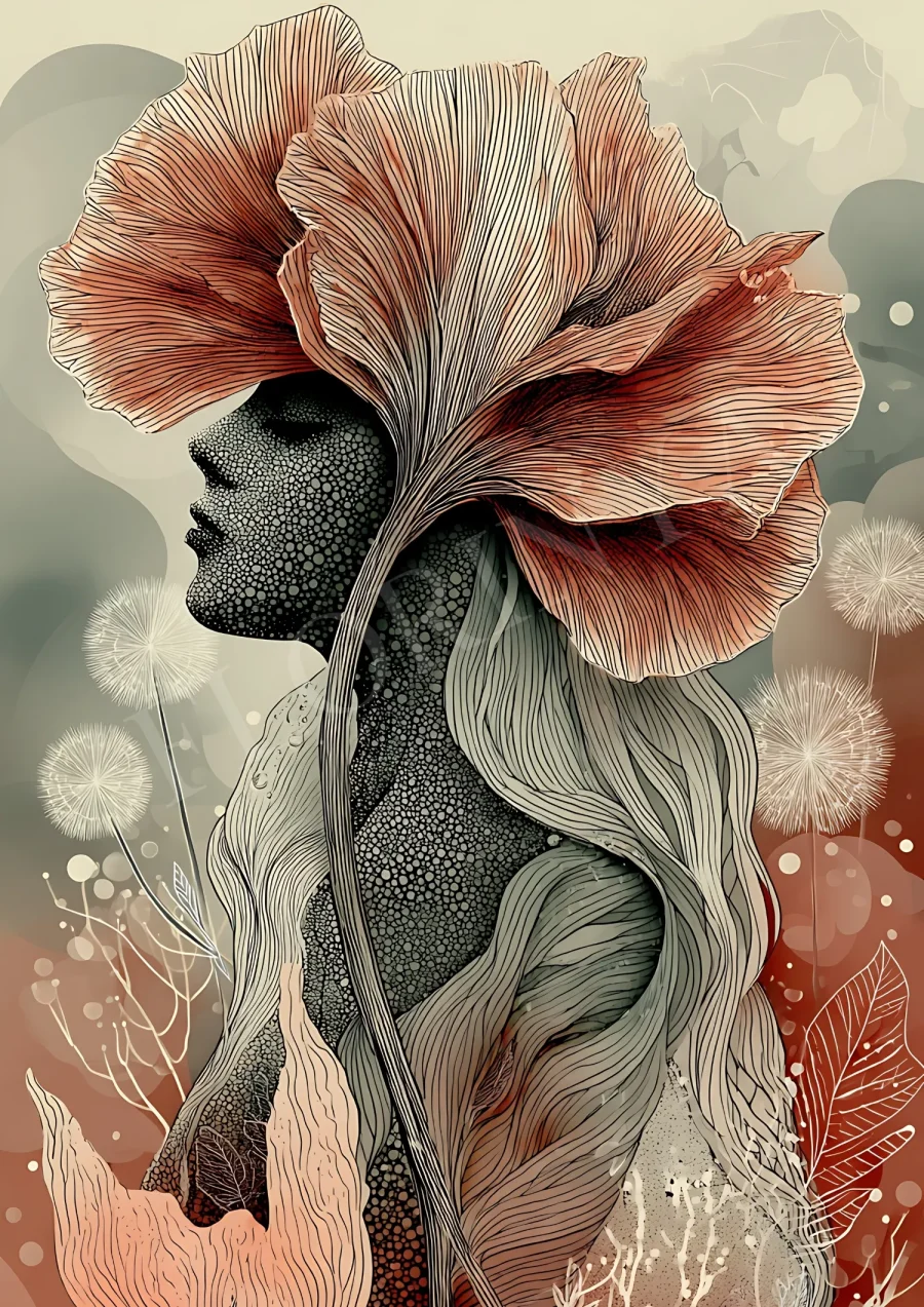 Boho floral feminine silhouette print in warm earth tones, printable 300 DPI JPG for gallery or nursery walls
