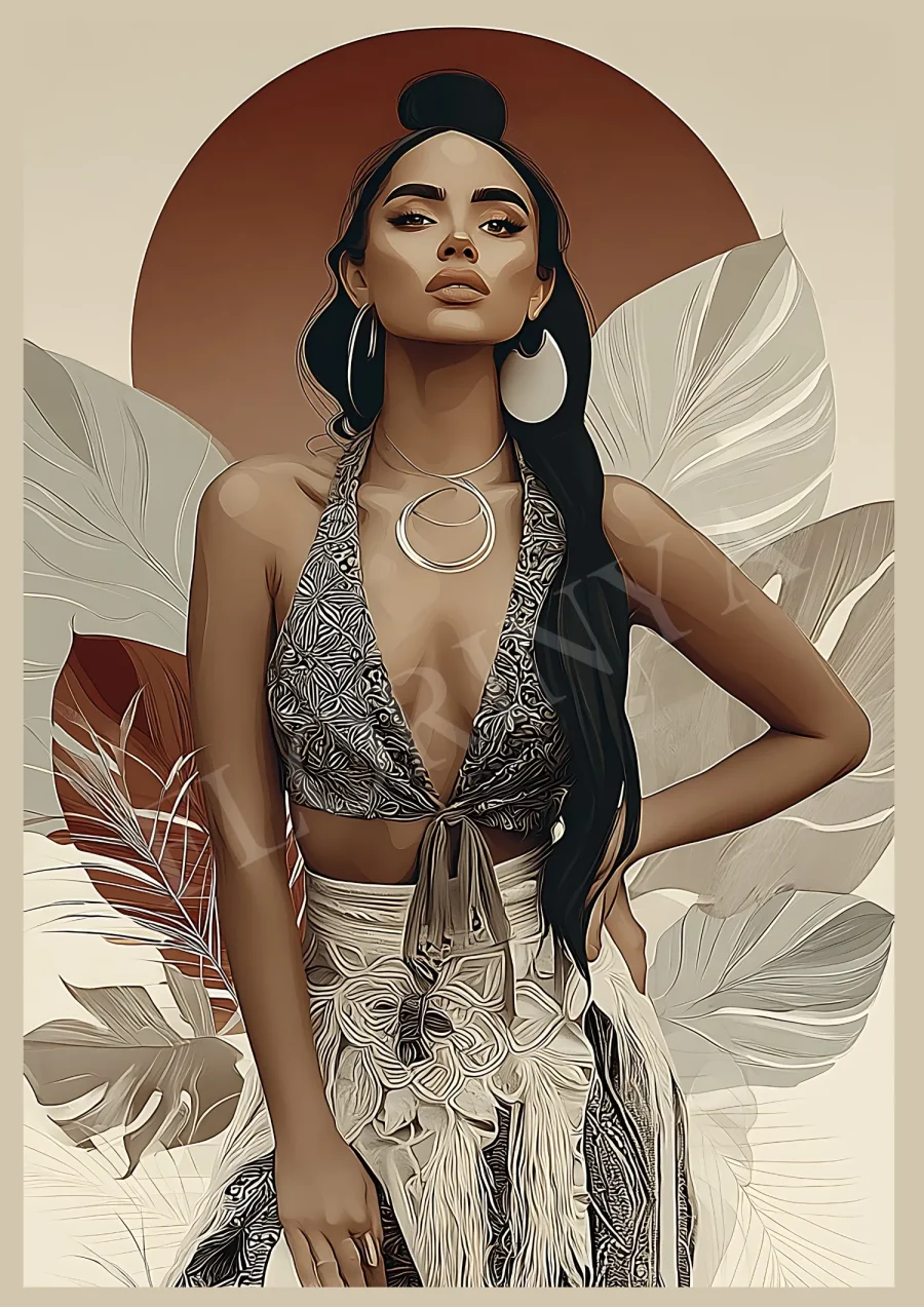Feminine tropical boho portrait printable wall art in warm earthy tones, high-resolution 300 DPI JPG digital download