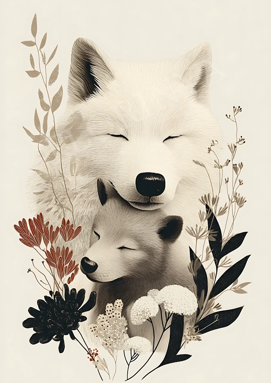 boho wall art white wolf mother baby