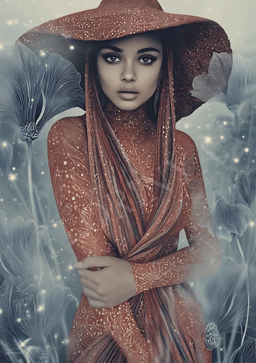 Mystical boho floral woman portrait printable in warm earthy tones, high-resolution 300 DPI JPG for gallery-style wall art