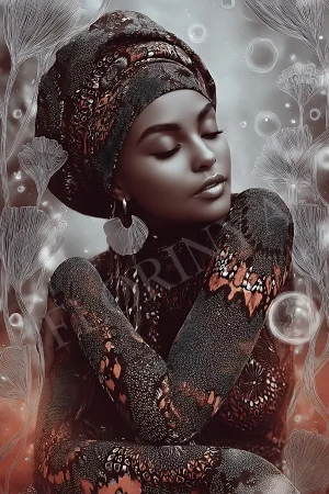 Elegant boho portrait of an African woman in neutral tones, digital printable 300 DPI JPG wall art