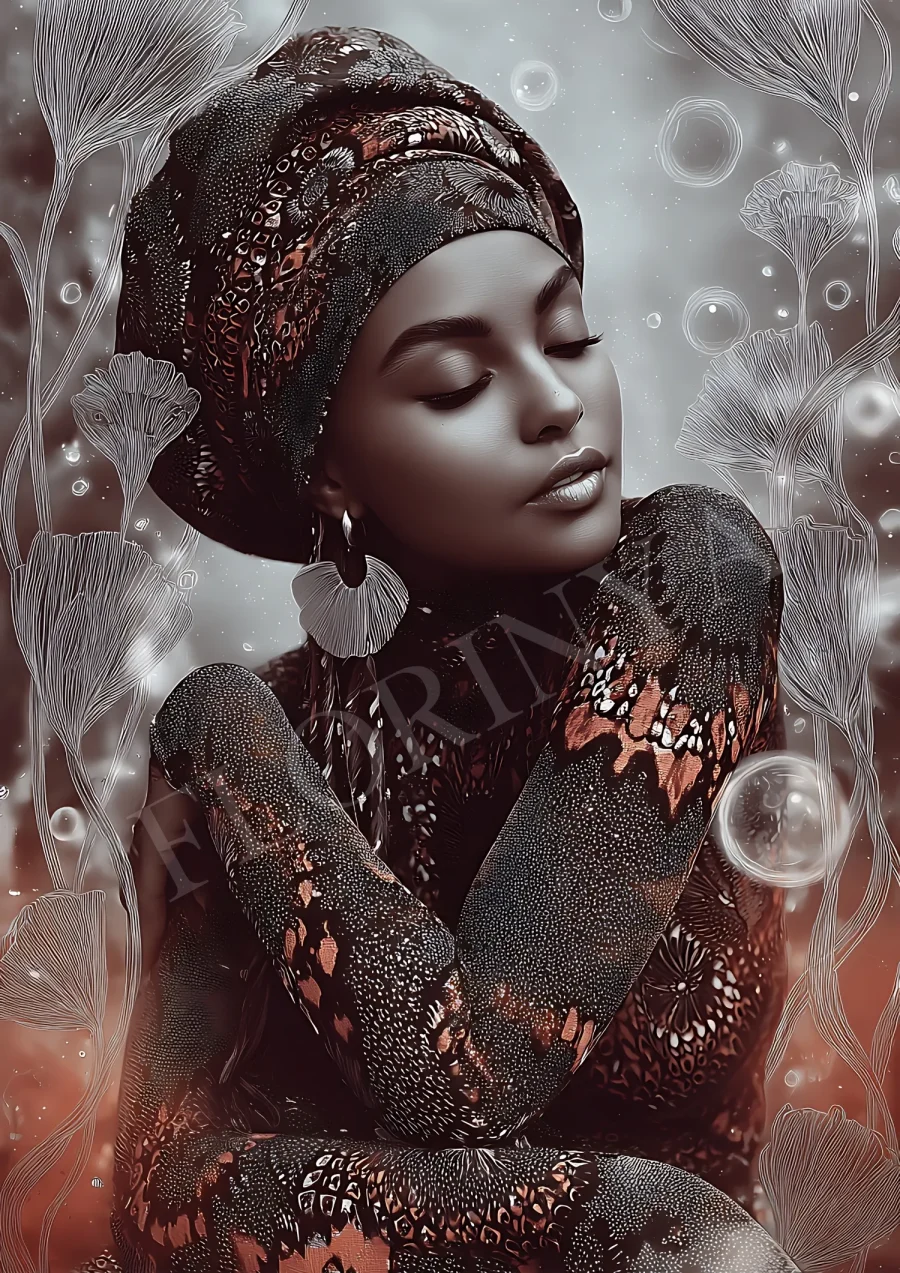 Elegant boho portrait of an African woman in neutral tones, digital printable 300 DPI JPG wall art
