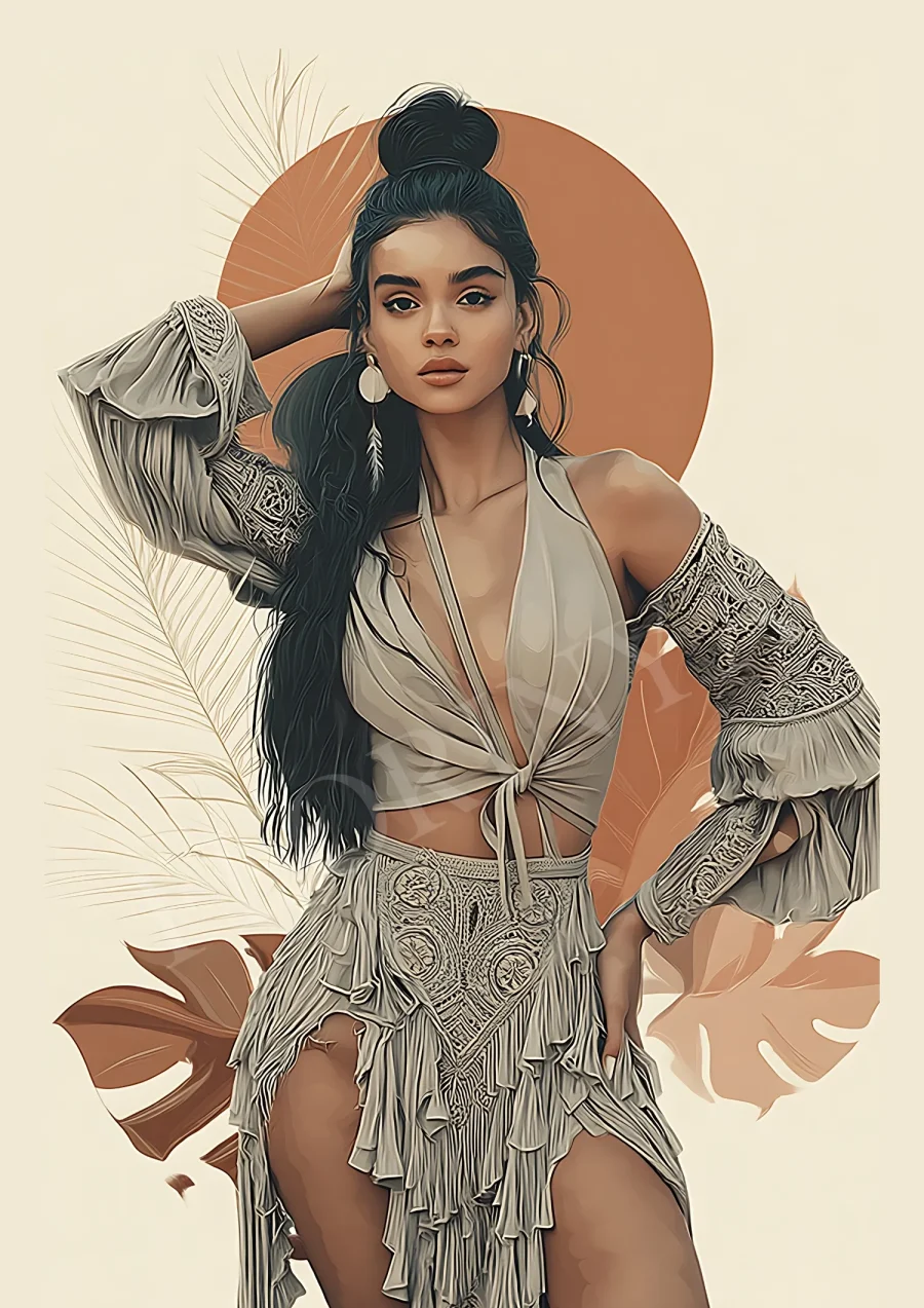 Feminine bohemian portrait print in muted earth tones — 300 DPI JPG digital printable for modern boho decor