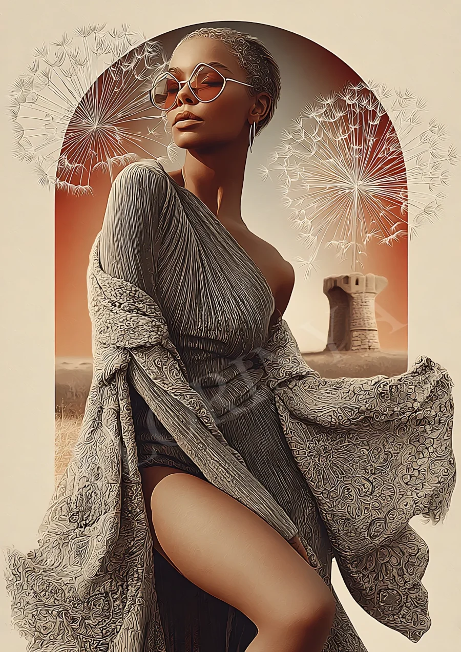 Elegant feminine desert portrait boho wall art in warm earth tones, high-resolution 300 DPI JPG printable file