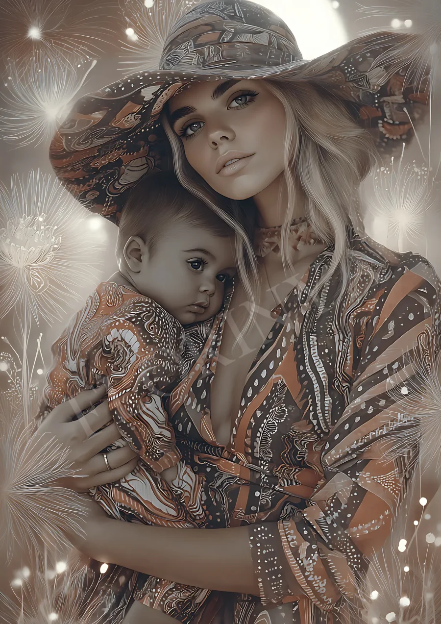 Boho motherhood portrait printable in warm earthy tones, high-resolution 300 DPI JPG for nursery or living room wall art