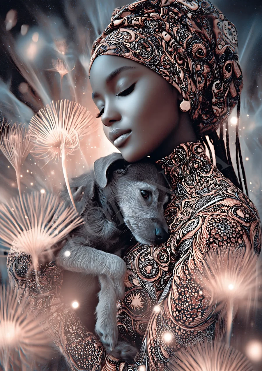 Celestial boho woman illustration with puppy, printable high-resolution 300 DPI JPG for modern boho wall decor