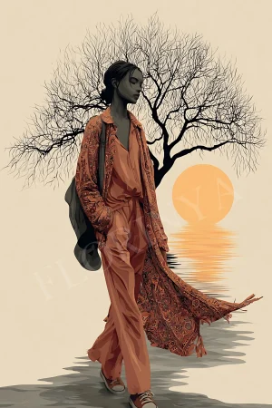 Terracotta sunset woman silhouette boho wall art print in warm earthy tones, high-resolution 300 DPI JPG digital download