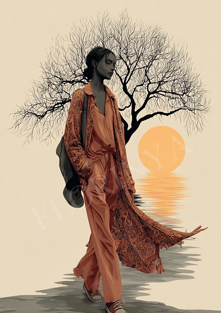 Boho Wall Art – Terracotta Sunset Woman Print with elegant feminine silhouette and minimalist landscape