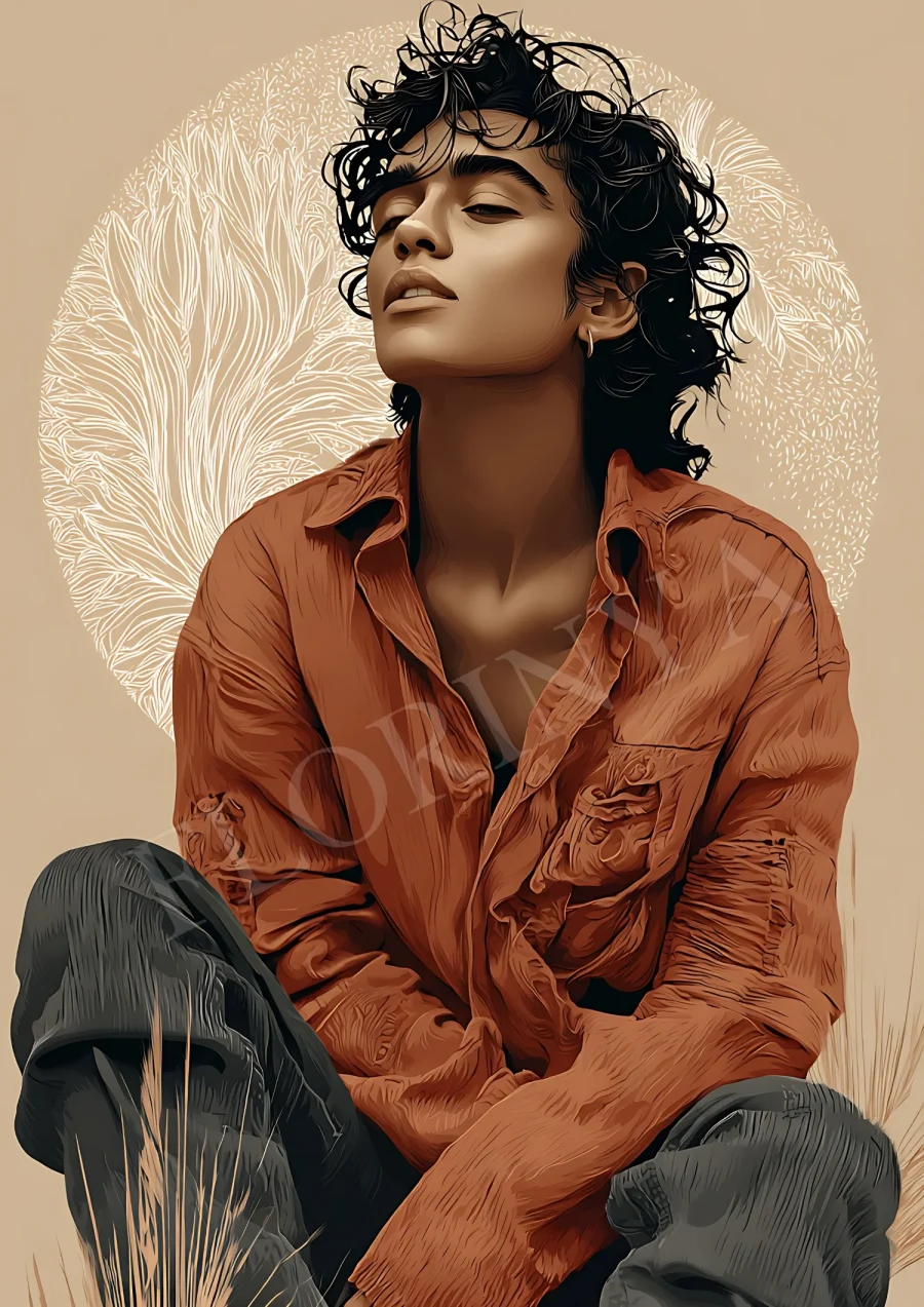 Masculine terracotta boho portrait in warm earthy tones, printable 300 DPI JPG for modern living room or office wall decor