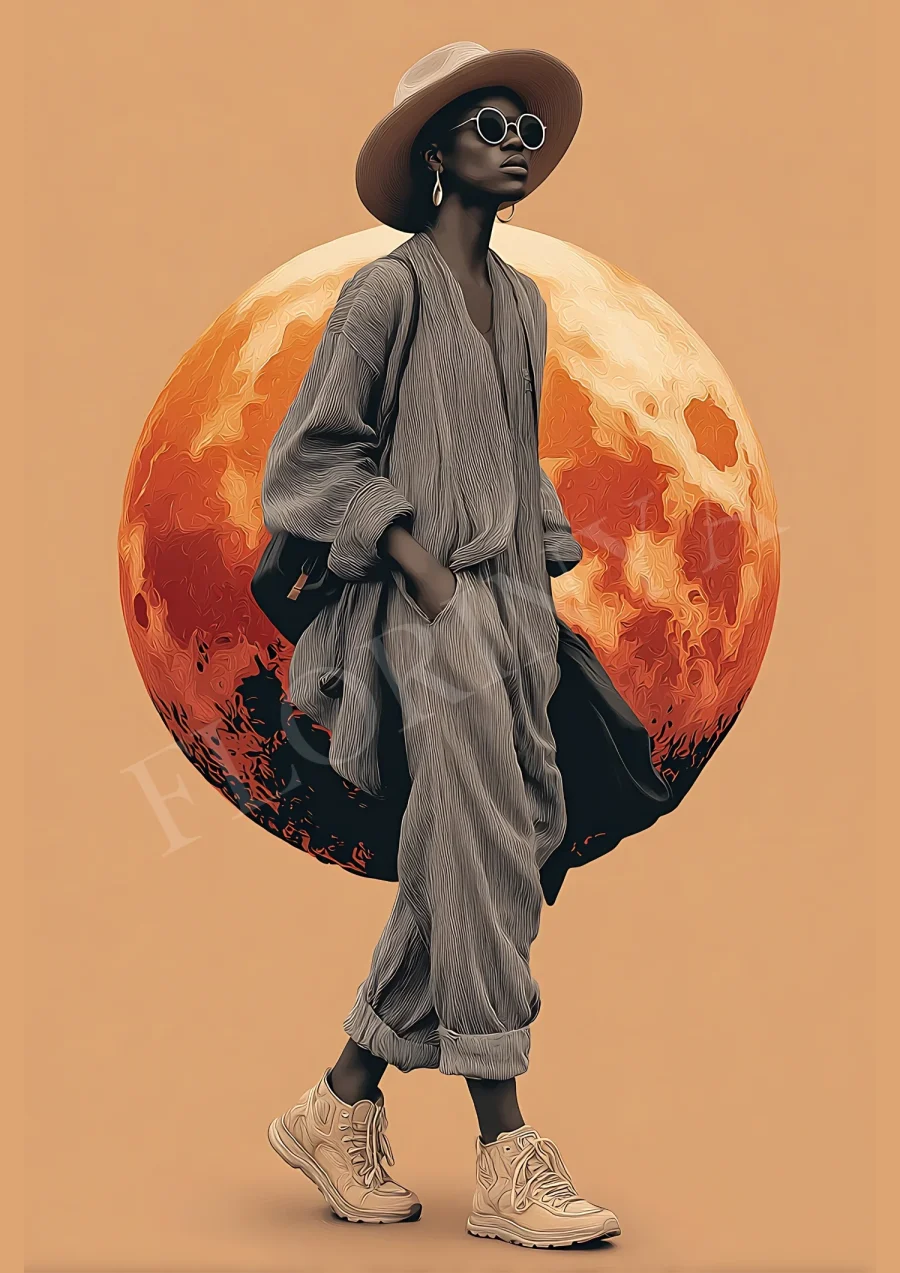 Celestial boho fashion woman printable in terracotta and gold, high-resolution 300 DPI JPG wall art download