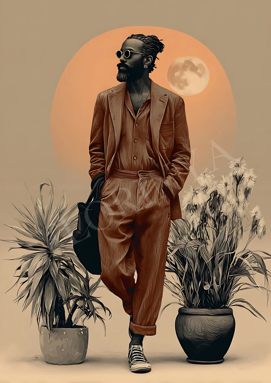 Celestial Boho Man printable wall art - minimalist moon phases and line art, high-resolution 300 DPI JPG