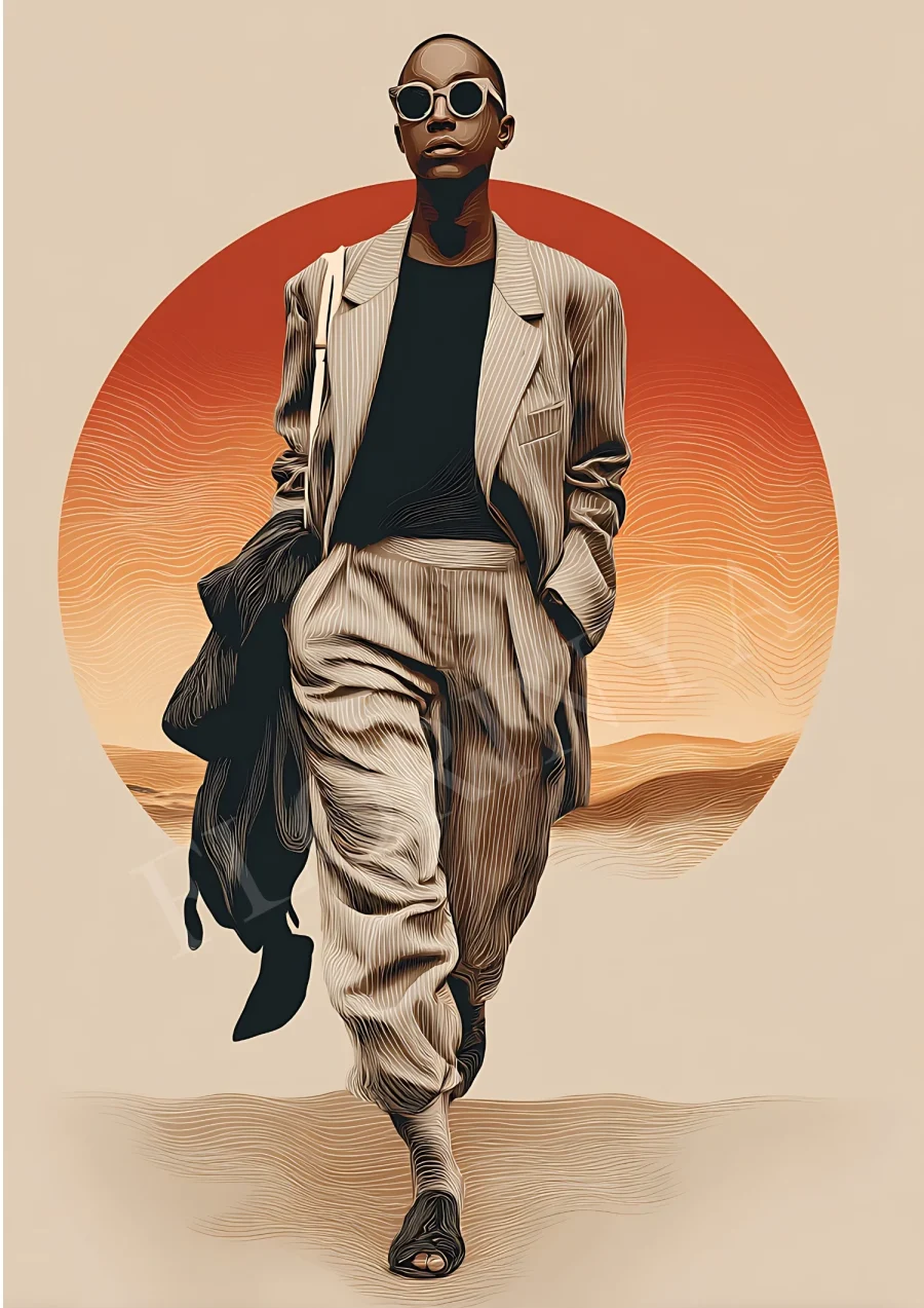 Minimalist boho fashion man line drawing in warm earthy tones, printable 300 DPI JPG for modern decor