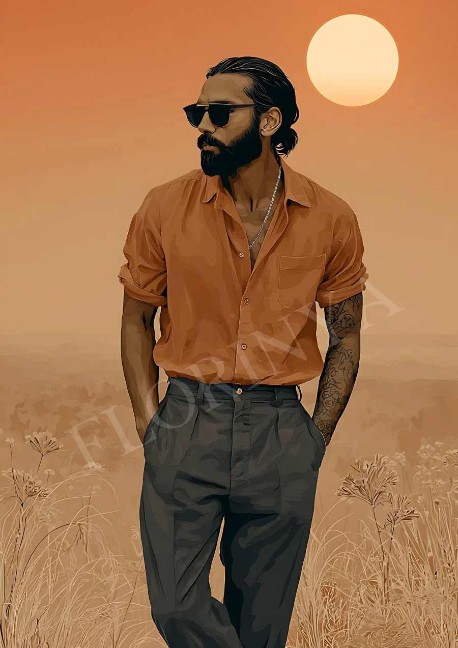 Boho Wall Art – Stylish bearded man with sunglasses and sunset neutral tones