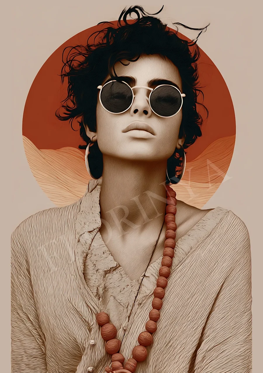 Boho Wall Art – Minimalist woman portrait with sunglasses and terracotta sunset tones