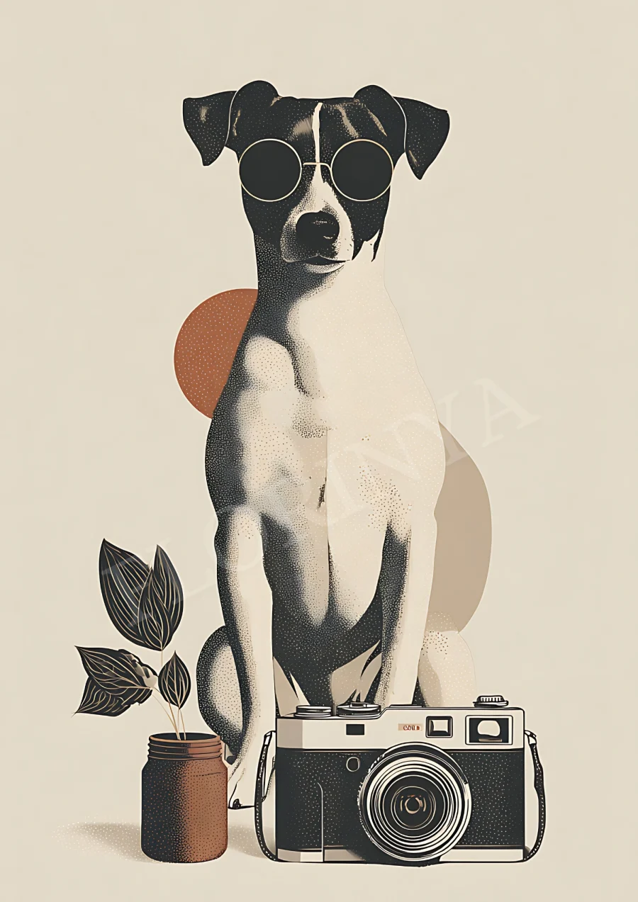 Boho Wall Art vintage dog with camera neutral minimalist printable wall decor
