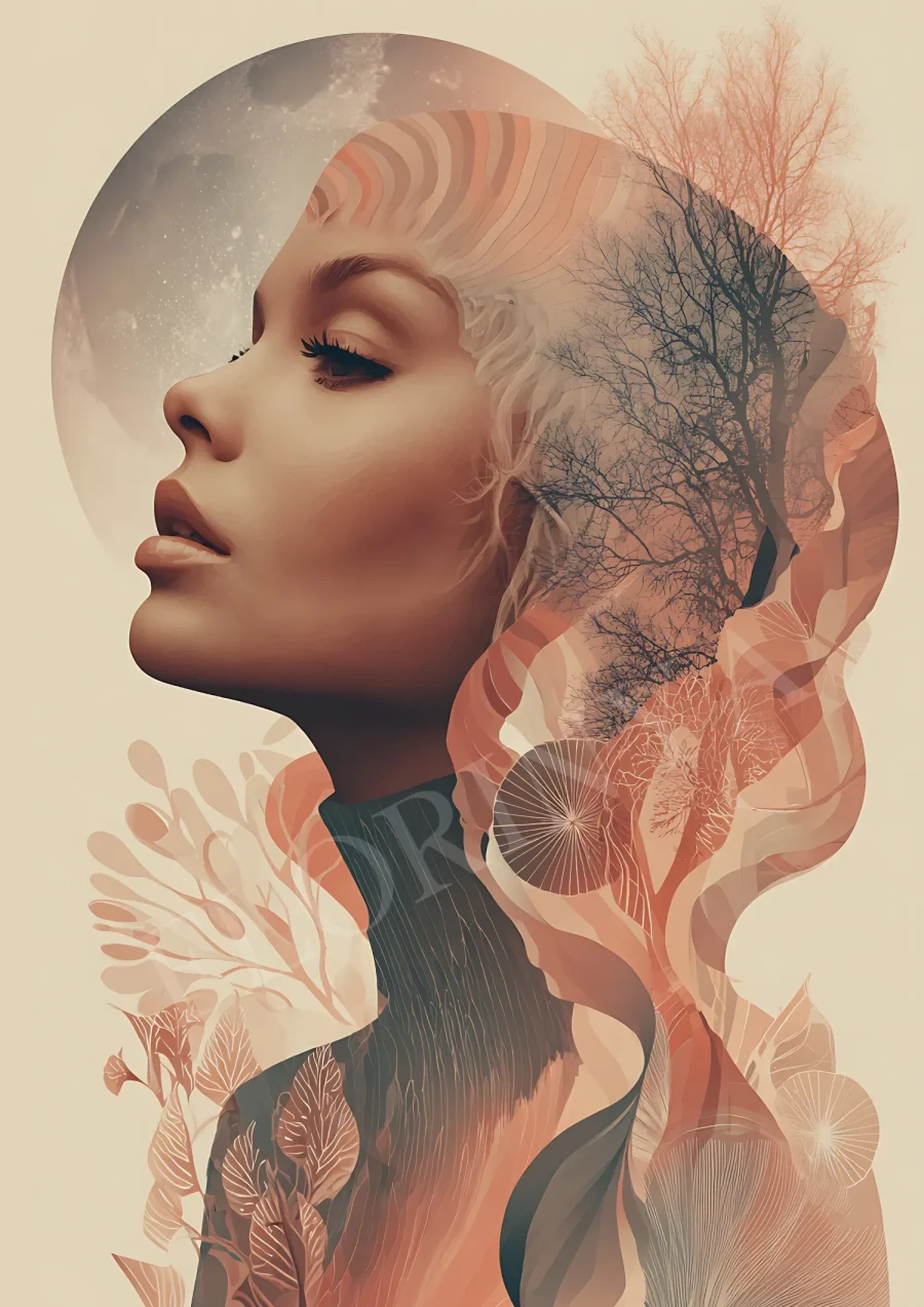 Abstract feminine nature portrait in warm earth tones, printable 300 DPI JPG for modern boho wall decor