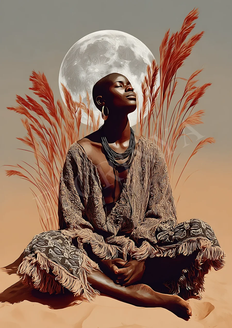 Boho celestial moon meditation printable, high-resolution 300 DPI JPG with gold moon and earthy textures for calming wall decor