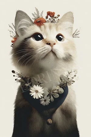 Cat Wall Art – Floral Cat Portrait Decor