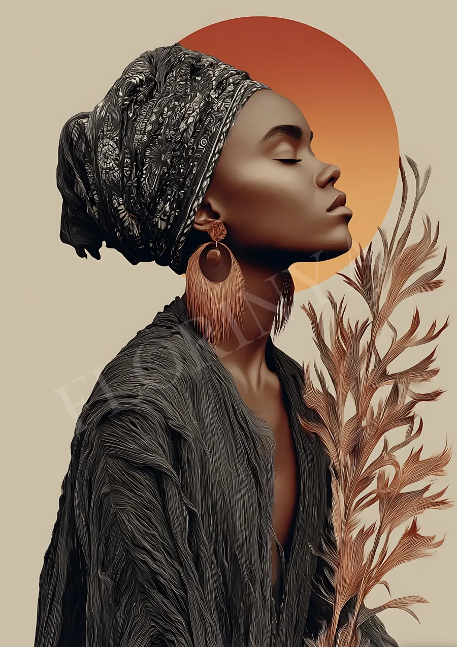 Printable Boho portrait of a serene African woman in warm earthy tones, high-resolution 300 DPI JPG for stylish home prints