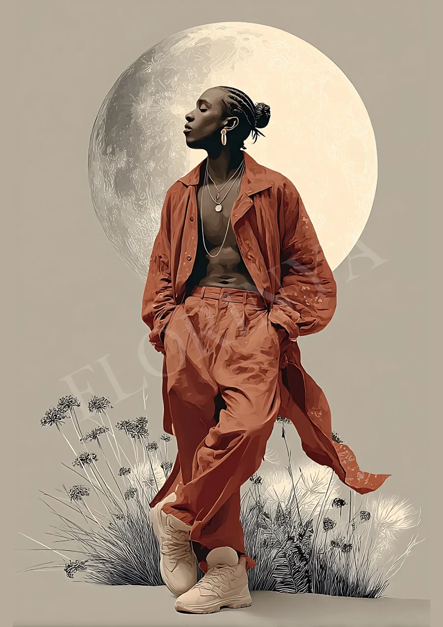 Lunar bohemian fashion portrait in warm earth tones, printable high-resolution 300 DPI JPG for modern boho wall decor