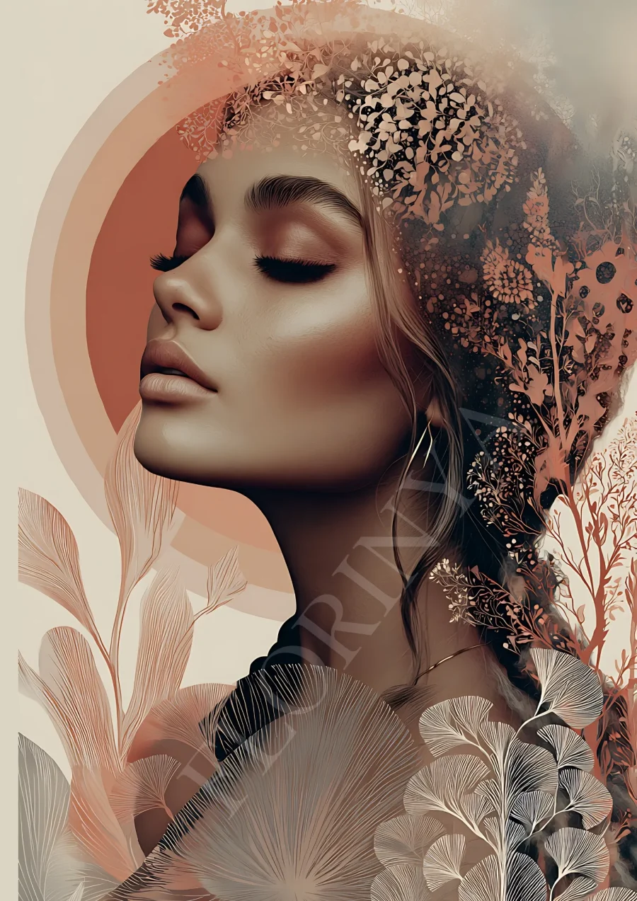Feminine botanical portrait in warm boho tones, printable 300 DPI JPG for stylish wall art
