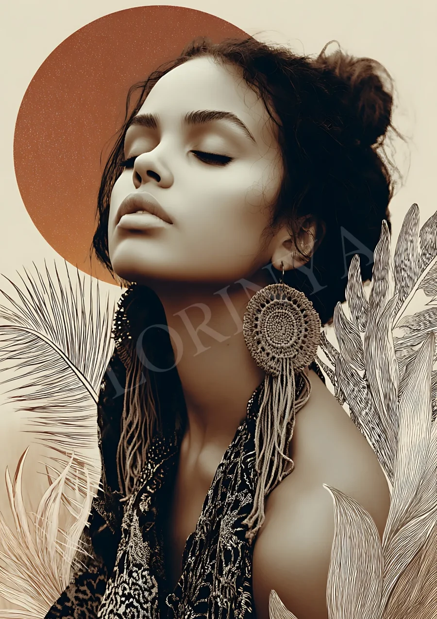 Bohemian woman portrait boho wall art printable high-resolution 300 DPI JPG for modern boho home decor
