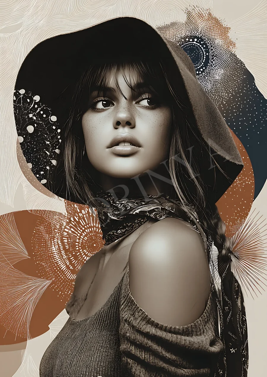 Elegant bohemian woman portrait in warm neutrals, printable Boho Wall Art high-resolution 300 DPI JPG for modern decor
