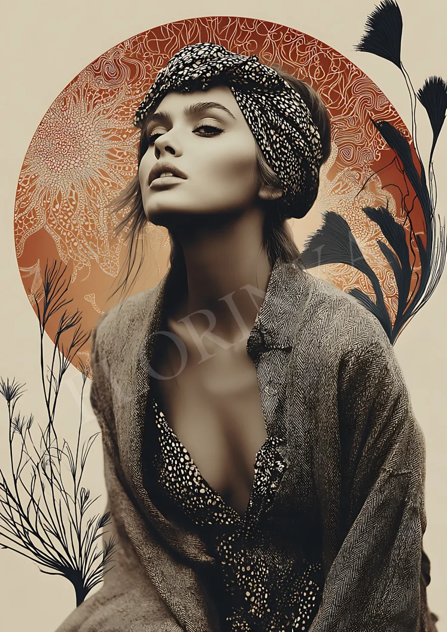 Mystical Bohemian woman portrait in warm earth tones, printable high-resolution 300 DPI JPG for stylish wall art
