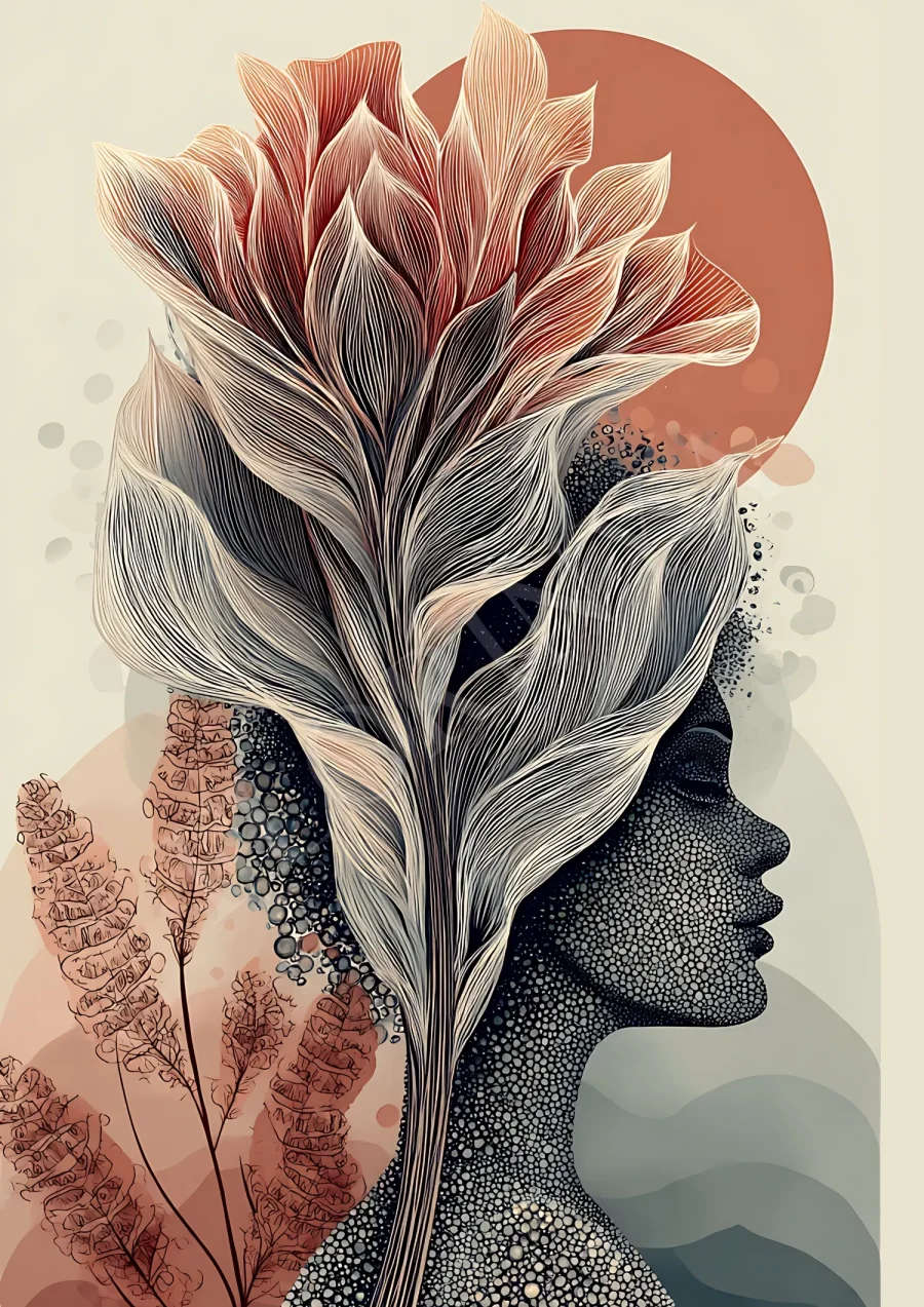Boho abstract floral woman print in warm earth tones, high-resolution 300 DPI JPG digital download for instant wall decor