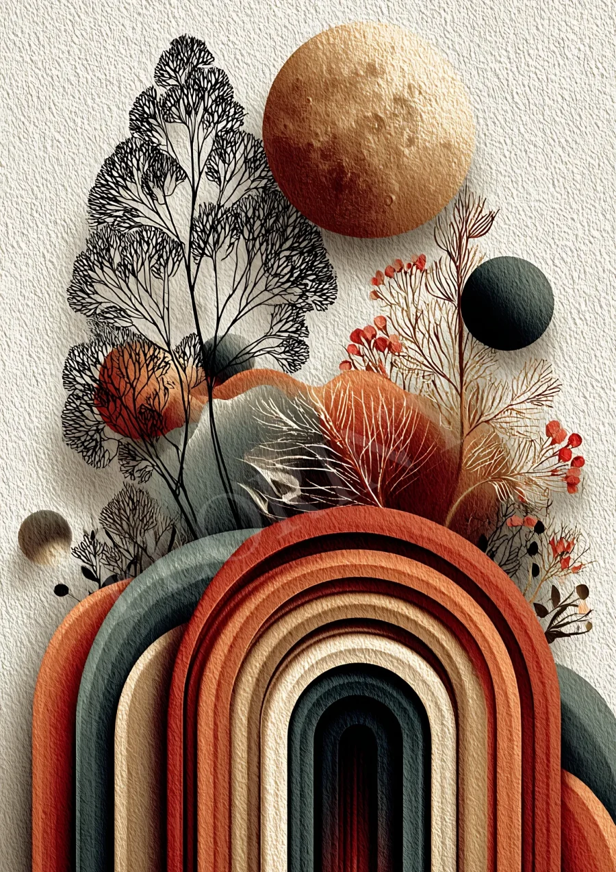 Abstract rainbow botanical boho wall art printable in warm earthy tones, high-resolution 300 DPI JPG for instant download