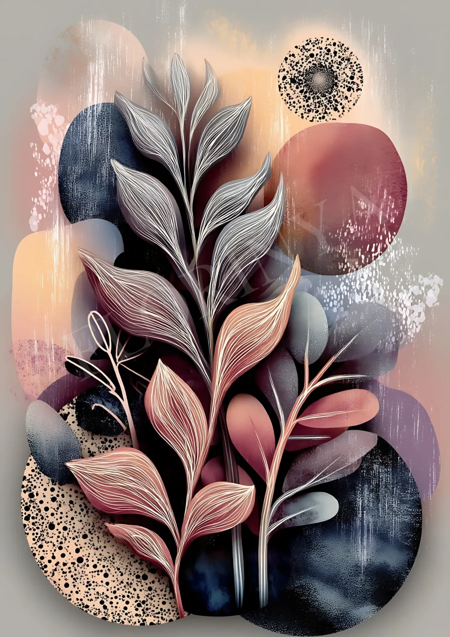 Abstract botanical leaves boho wall art printable in terracotta and olive; high-resolution 300 DPI JPG for modern boho decor