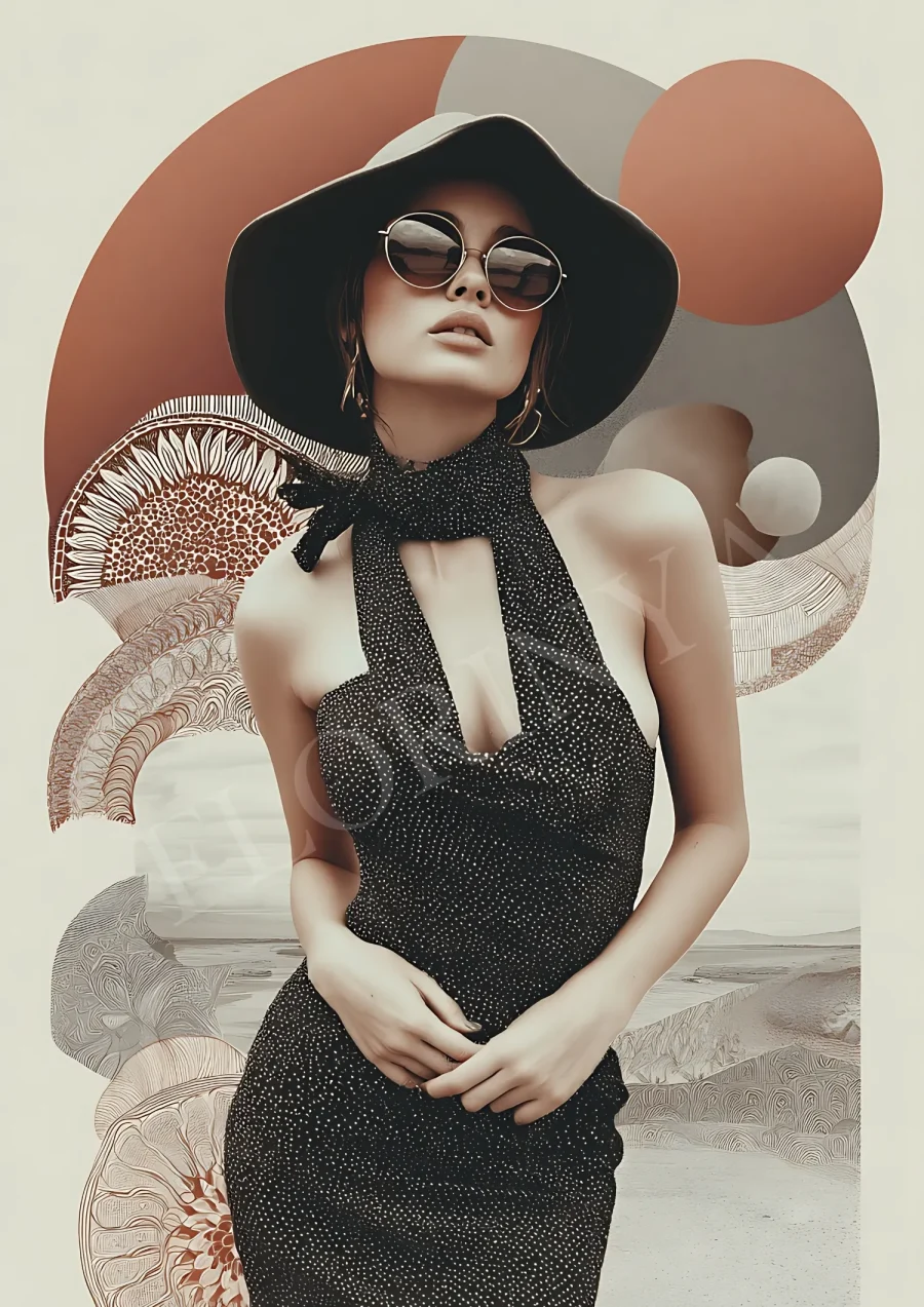 Modern boho fashion illustration printable in neutral tones, 300 DPI JPG for home and boutique décor