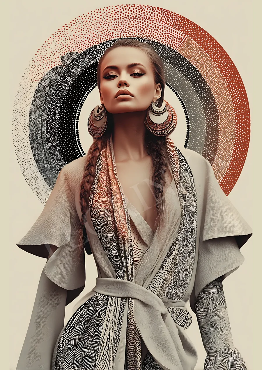 Tribal-chic feminine portrait boho wall art printable in warm earth tones, high-resolution 300 DPI JPG