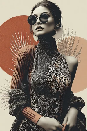 Modern tribal woman boho wall art in warm earth tones, printable 300 DPI JPG for living room or gallery wall