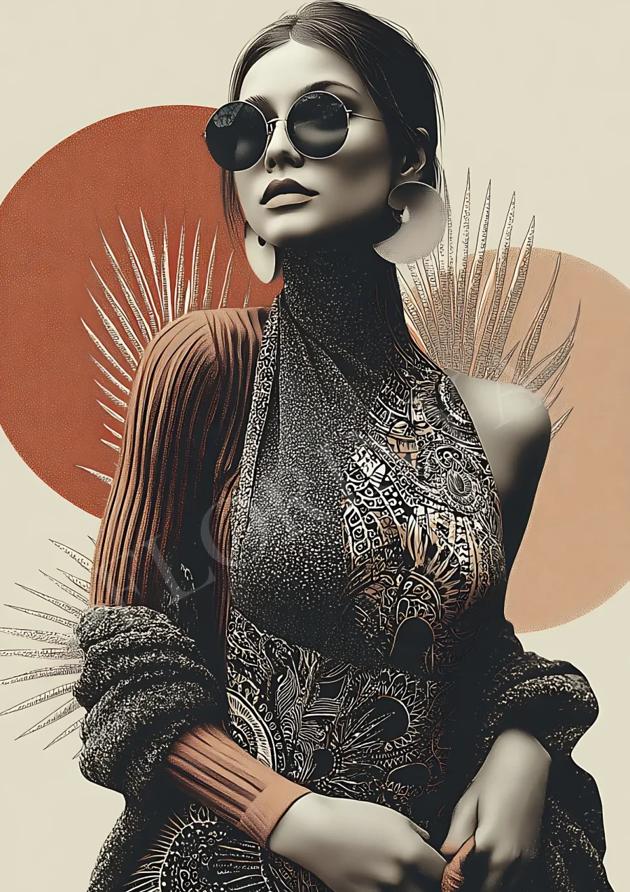 Modern tribal woman boho wall art in warm earth tones, printable 300 DPI JPG for living room or gallery wall