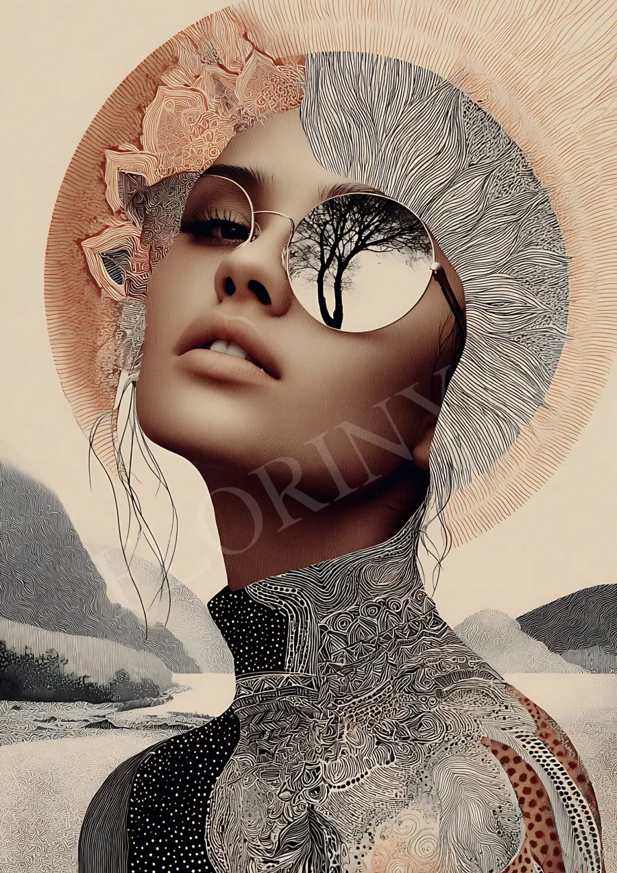 Boho wall art featuring an abstract ethnic feminine portrait with neutral earthy tones and artistic textures.