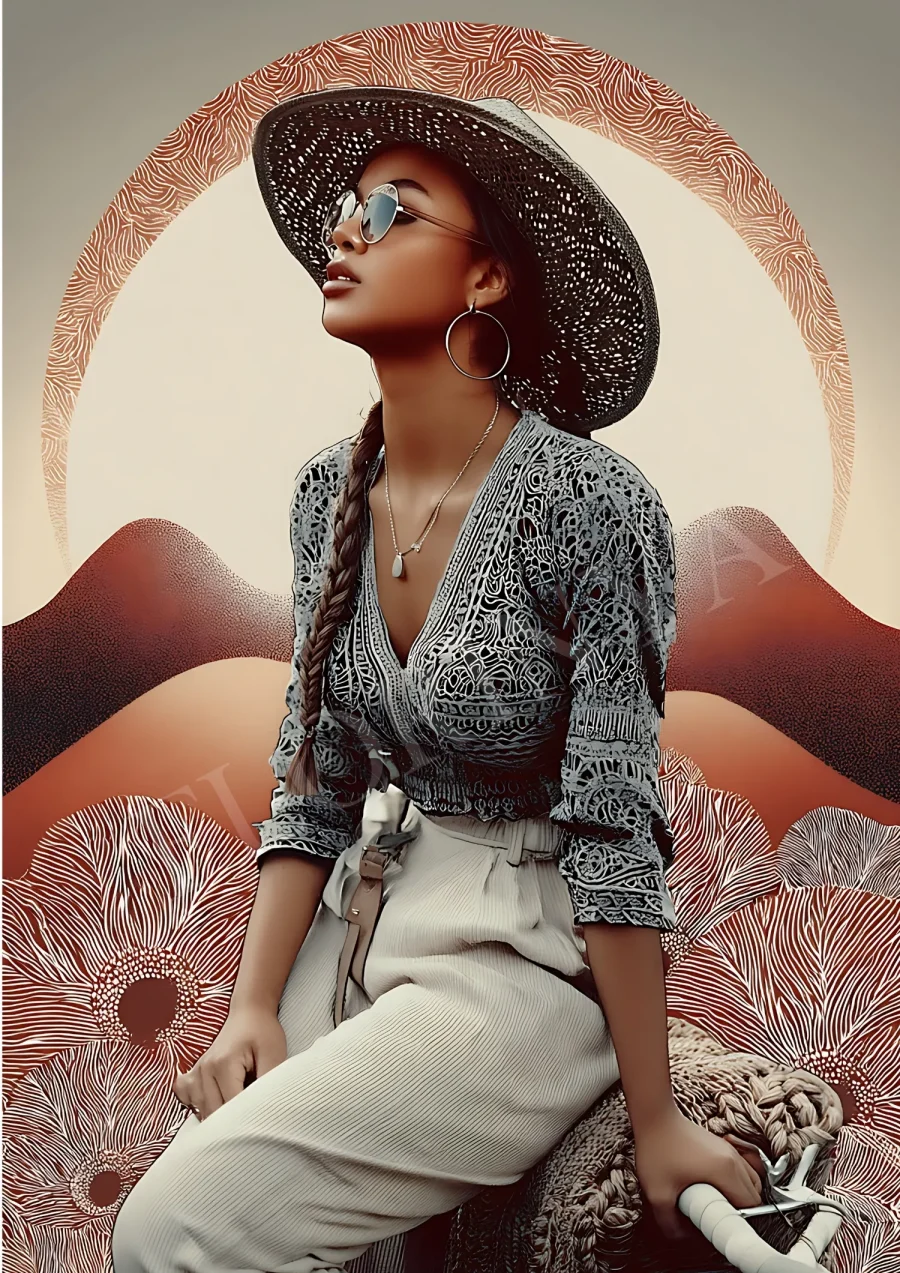 Contemporary boho goddess print with earthy tones and abstract sun motif, high-resolution 300 DPI JPG printable artwork
