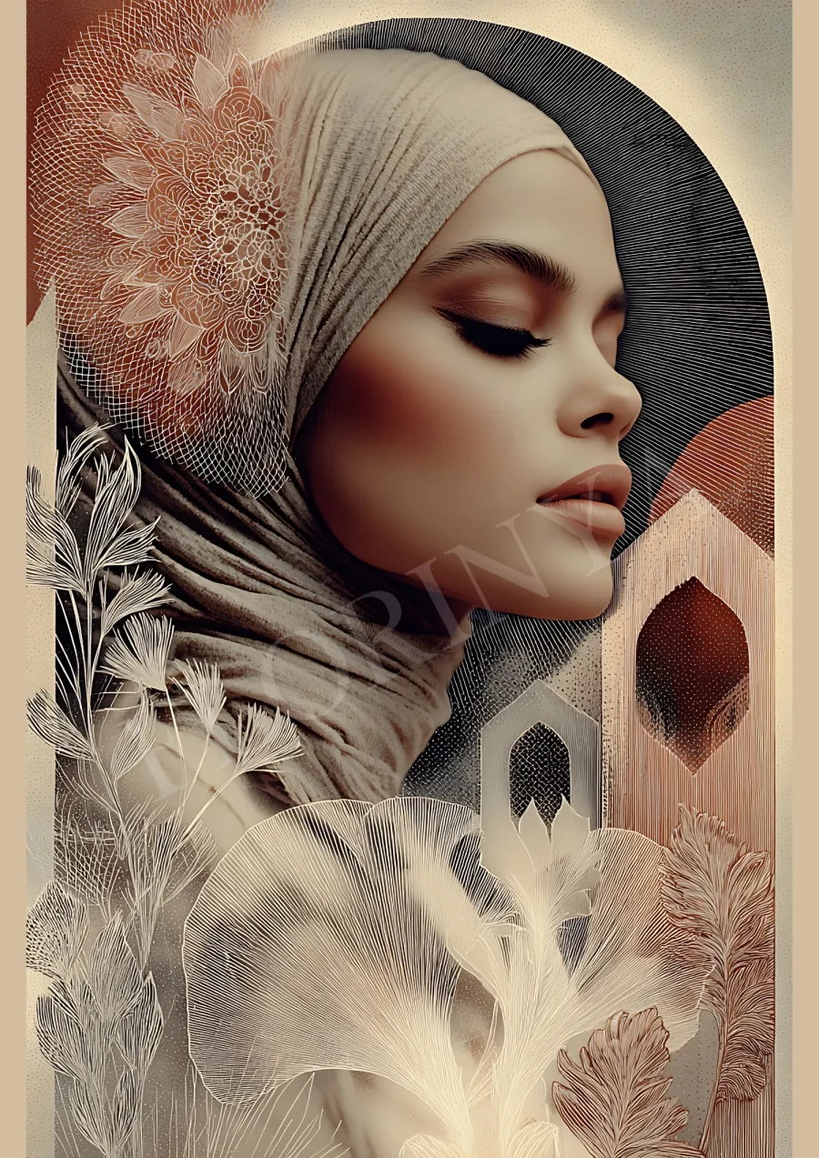 Celestial feminine boho portrait print in soft neutrals with subtle gold accents, 300 DPI printable JPG