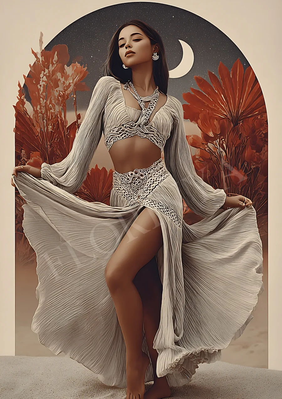 Celestial Desert Goddess boho printable in warm earth tones with crescent moon and desert silhouettes, 300 DPI JPG