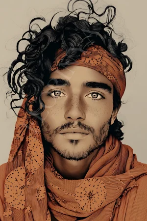 Bohemian freckled man portrait printable in warm neutral tones, high-resolution 300 DPI JPG for wall art