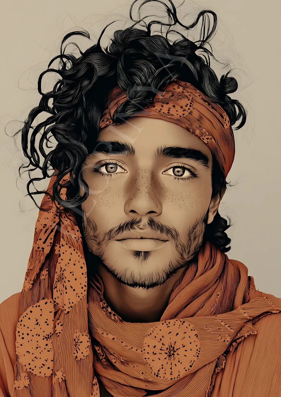 Bohemian freckled man portrait printable in warm neutral tones, high-resolution 300 DPI JPG for wall art