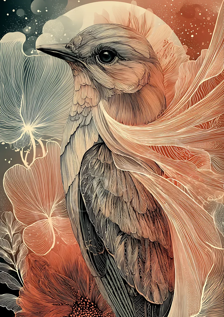 Celestial bird and botanical boho print in warm earthy tones, printable 300 DPI JPG wall art