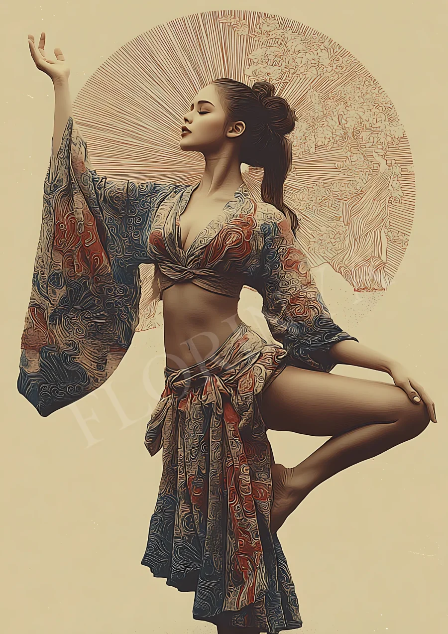 Mystical Bohemian dancer art print in warm earthy tones, 300 DPI high-resolution JPG printable wall art