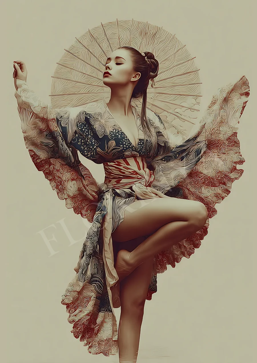 Graceful oriental dancer boho wall art print in warm earthy tones, high-resolution 300 DPI JPG printable