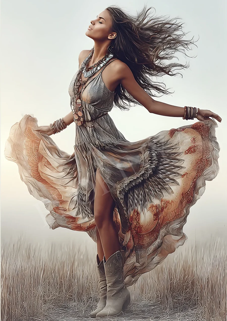 Ethereal country boho dress illustration in soft neutrals with textured brush strokes, printable 300 DPI JPG wall art